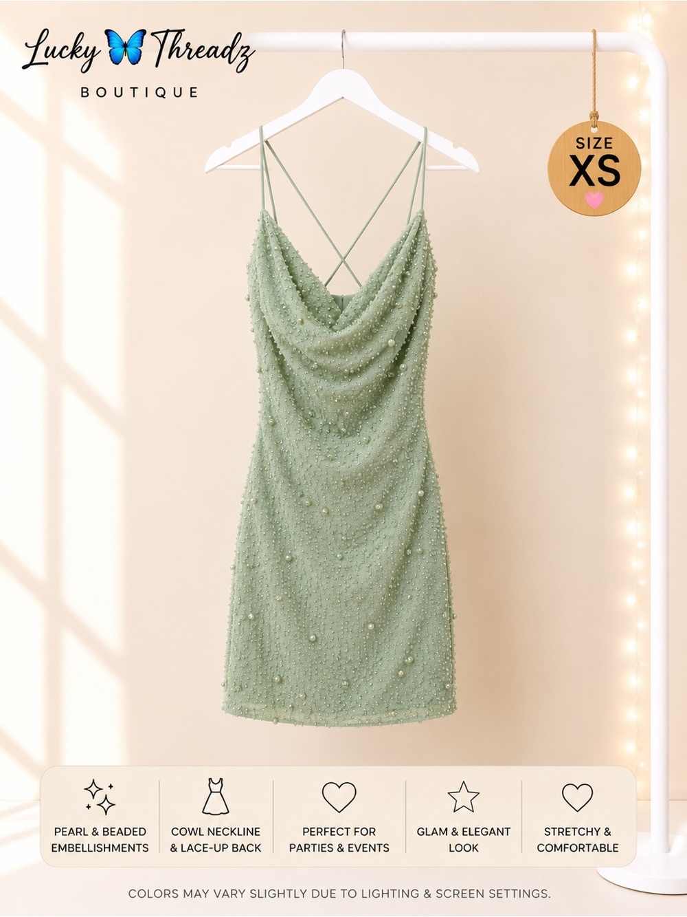 Windsor Sage Green Pearl Beaded Cowl Neck Mini Dress XS Homecoming